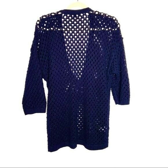 Ann Taylor Crocheted V-Neck Cotton Sweater Navy Women's Large - Picture 7 of 9